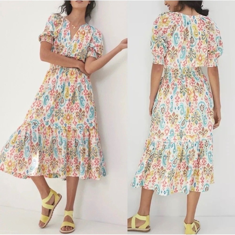 Anthropologie Felipa Maxi Dress Size L Ikat Print‎ Smocked Waist Short Sleeve